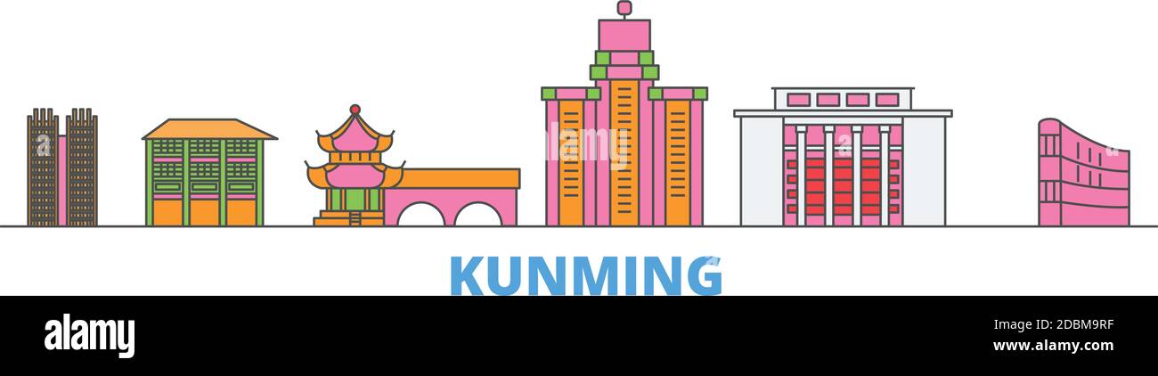 Cina, Kunming linea paesaggio urbano, vettore piatto. Punto di riferimento della città di viaggio, illustrazione dell'oltino, icone del mondo di linea Illustrazione Vettoriale