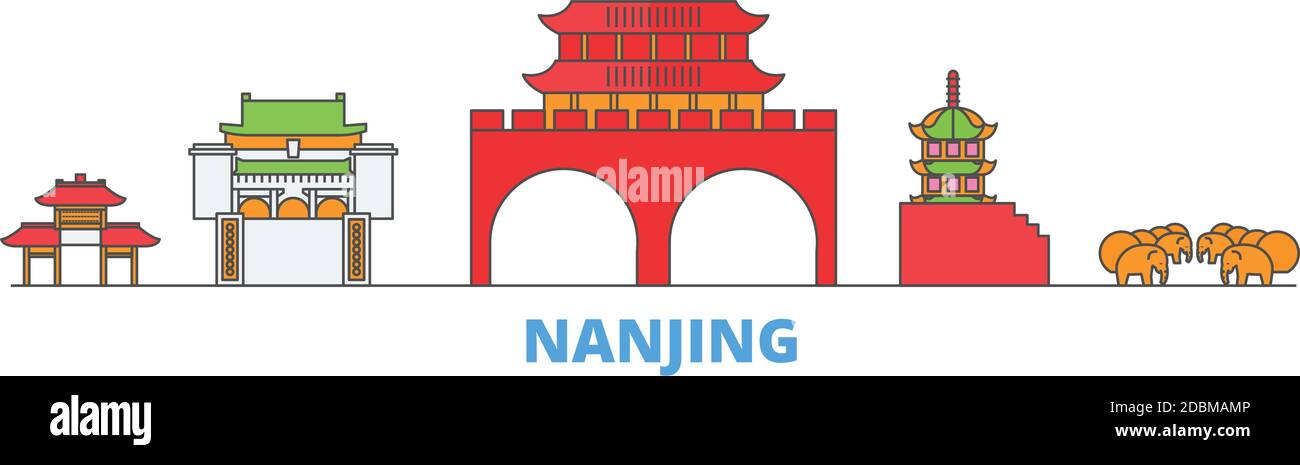 Cina, Nanjing linea paesaggio urbano, vettore piatto. Punto di riferimento della città di viaggio, illustrazione dell'oltino, icone del mondo di linea Illustrazione Vettoriale