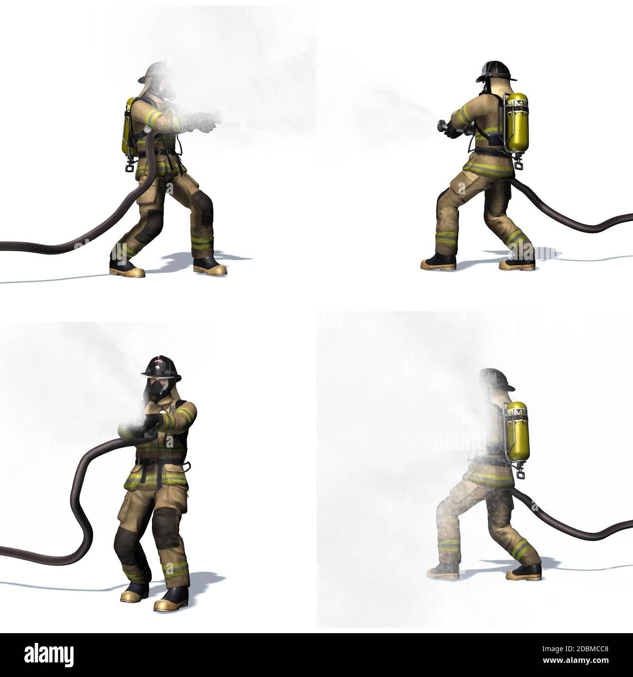 Set di combattenti antincendio con tubo flessibile dell'acqua - viste diverse - isolato su sfondo bianco Foto Stock