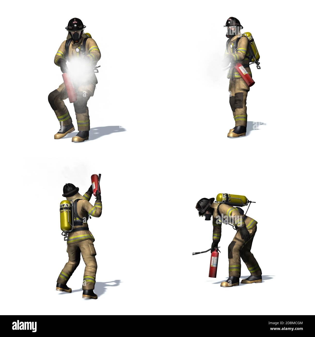 Set di combattenti antincendio con tubo flessibile dell'acqua - viste diverse - isolato su sfondo bianco Foto Stock