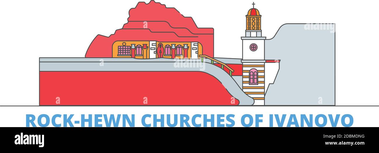 Bulgaria, paesaggio urbano della linea Ivanova, vettore piatto. Punto di riferimento della città di viaggio, illustrazione dell'oltino, icone del mondo di linea Illustrazione Vettoriale