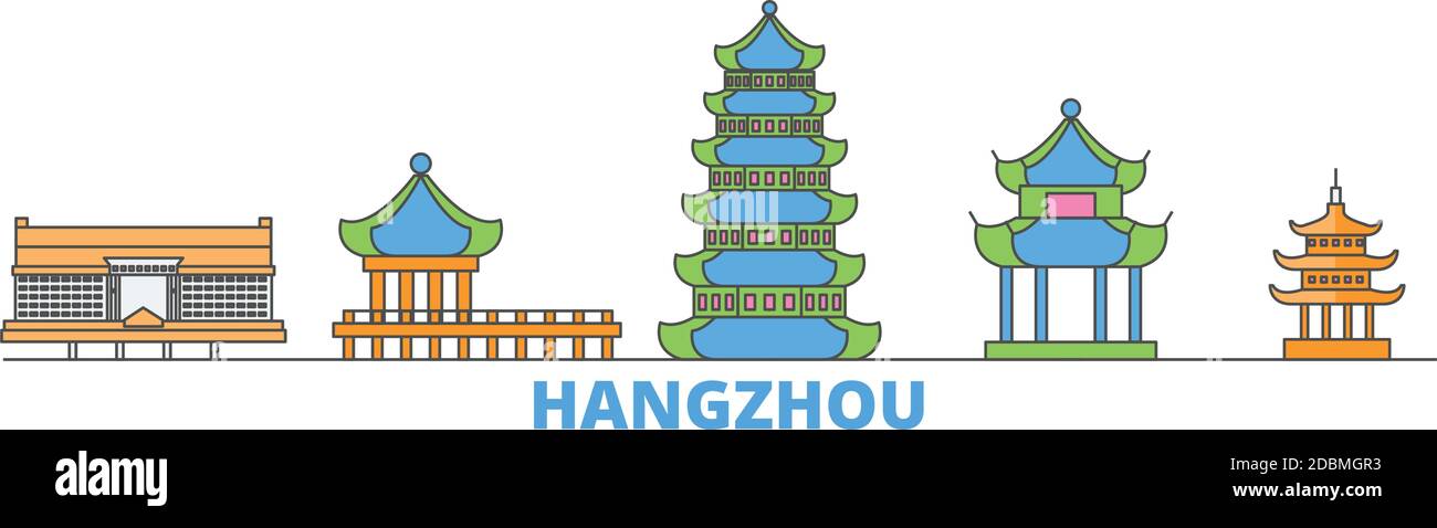 Cina, Hangzhou linea paesaggio urbano, vettore piatto. Punto di riferimento della città di viaggio, illustrazione dell'oltino, icone del mondo di linea Illustrazione Vettoriale
