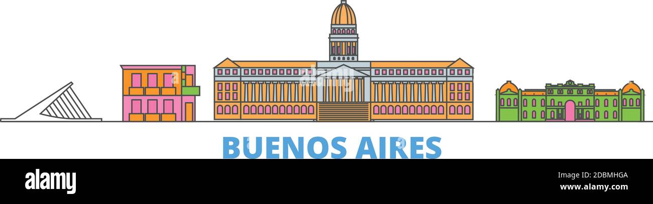 Argentina, Buenos Aires linea paesaggio urbano, vettore piatto. Punto di riferimento della città di viaggio, illustrazione dell'oltino, icone del mondo di linea Illustrazione Vettoriale