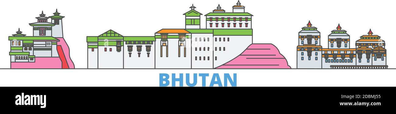Paesaggio urbano in linea Bhutan, vettore piatto. Punto di riferimento della città di viaggio, illustrazione dell'oltino, icone del mondo di linea Illustrazione Vettoriale