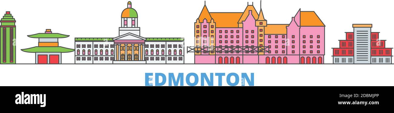 Canada, Edmonton linea paesaggio urbano, vettore piano. Punto di riferimento della città di viaggio, illustrazione dell'oltino, icone del mondo di linea Illustrazione Vettoriale