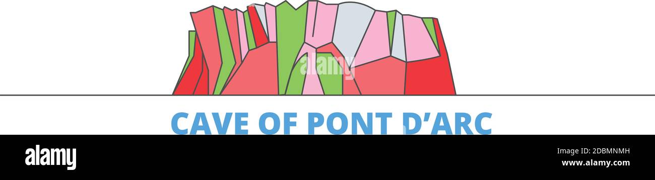 Francia, Grotta di Pont D?Arc linea paesaggio urbano, vettore piatto. Punto di riferimento della città di viaggio, illustrazione dell'oltino, icone del mondo di linea Illustrazione Vettoriale