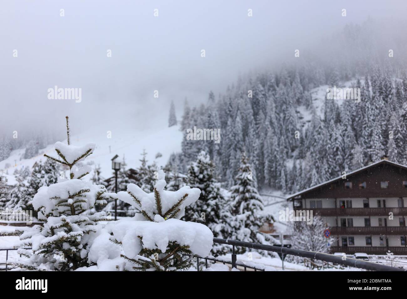 Alberi ricoperti di neve fresca e un hotel sullo sfondo in una giornata molto colma e nebbia, Selva Gardena, Dolomiti, Italia Foto Stock