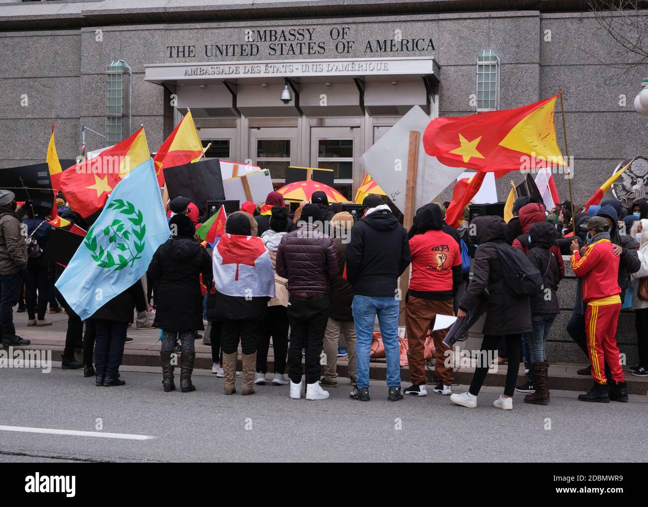 Ottawa, Canada. 17 novembre 2020. Oltre 300 persone sono scese nelle strade di Ottawa per protestare contro la guerra nella regione del Tigray in Etiopia e contro l'offensiva intrapresa dal primo ministro Abiy Ahmed. Si fermarono di fronte all'ambasciata degli Stati Uniti d'America per chiedere l'intervento nel conflitto. Abiy, vincitore del Premio Nobel per la pace dello scorso anno, continua a respingere le richieste internazionali di dialogo e di deescalation nel conflitto di due settimane. Credit: Meanderingemu/Alamy Live News Foto Stock