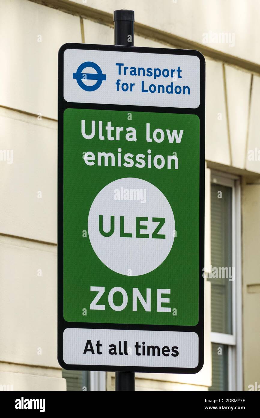 Cartello Ultra Low Emission zone, Londra Inghilterra Regno Unito Foto Stock