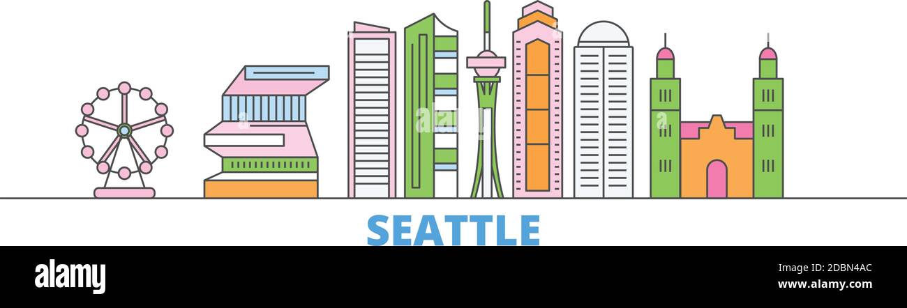 Stati Uniti, Seattle line paesaggio urbano, vettore piatto. Punto di riferimento della città di viaggio, illustrazione dell'oltino, icone del mondo di linea Illustrazione Vettoriale