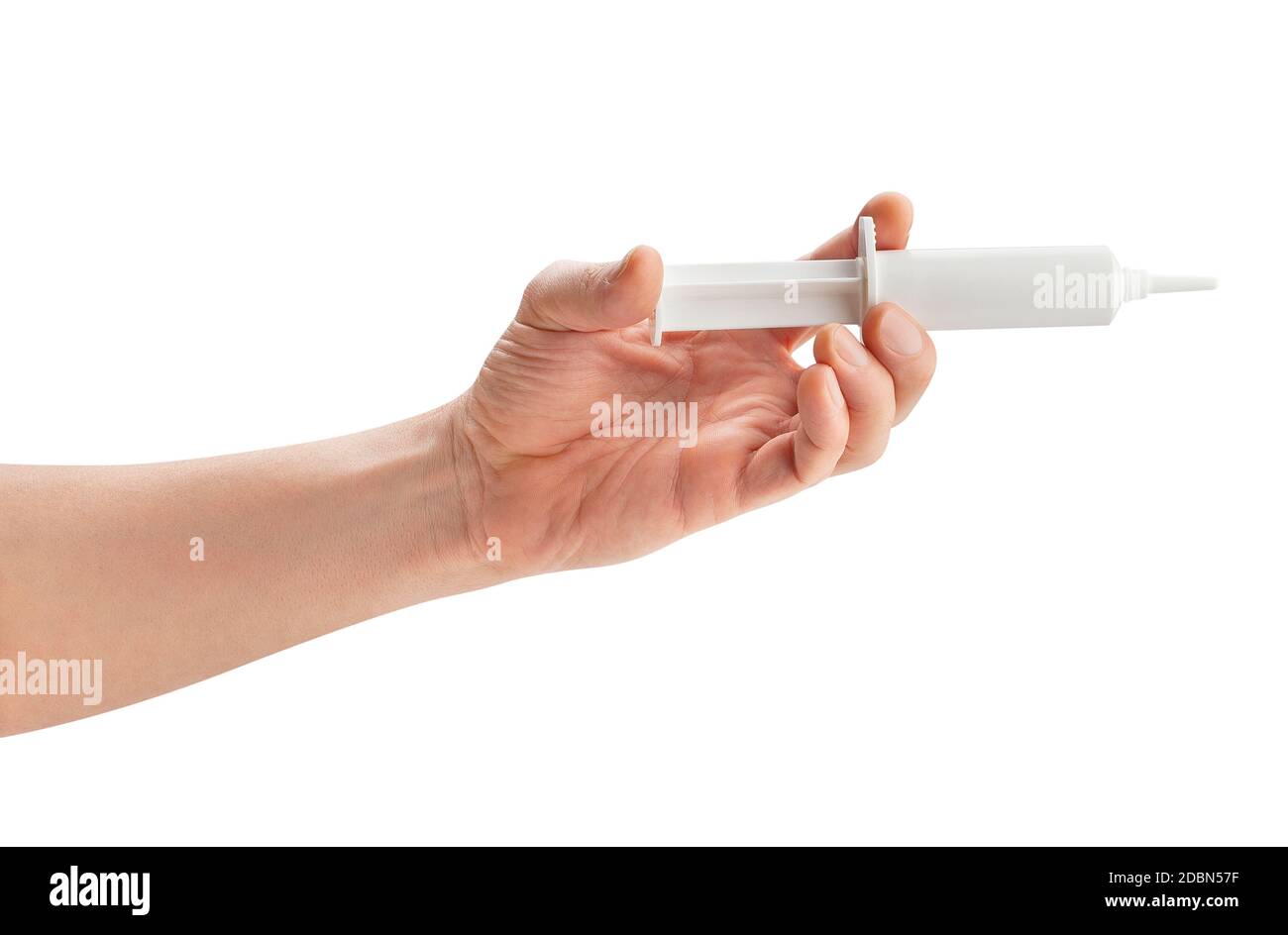 siringa di grasso nel percorso della mano isolata su bianco Foto Stock