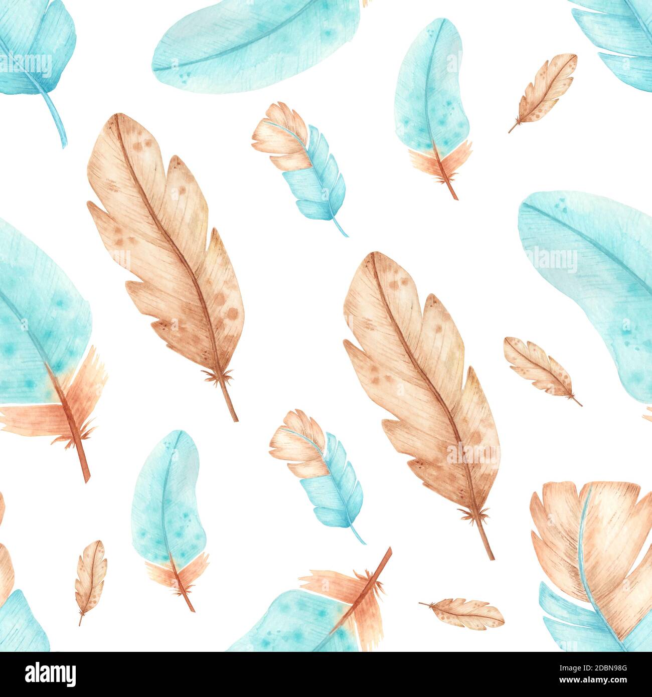 Acquerello moda motivo senza cuciture con piume.disegni a mano turchese e marrone chiaro piume schizzi. Isolamento su bianco Foto Stock