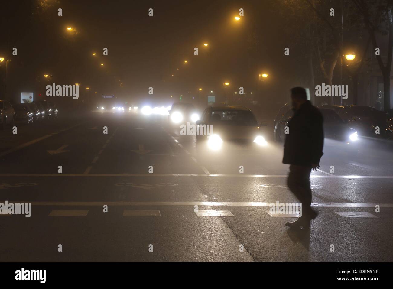 Madrid, Spagna; 17/11/2020.- Madrid con nebbia in autunno.Fog (dal lat. Nebulosa) è un termine che si riferisce alla sospensione di piccole goccioline in un gas. In meteorologia, si riferisce alla sospensione di piccole gocce d'acqua che producono una visibilità inferiore a 1 km. UN fenomeno meteorologico che consiste di nuvole molto basse, vicine o a livello del suolo e formate da particelle d'acqua in sospensione di piccolo volume. Madrid questo pomeriggio conduce ad una visione non frequente e acquisisce diverse sfumature e comportamenti per ogni stagione dell'anno. Foto: Juan Carlos Rojas/Picture Alliance | utilizzo in tutto il mondo Foto Stock