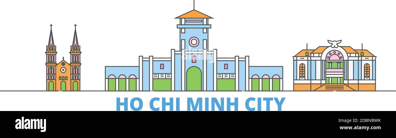 Vietnam, ho Chi Minh City line paesaggio urbano, vettore piatto. Punto di riferimento della città di viaggio, illustrazione dell'oltino, icone del mondo di linea Illustrazione Vettoriale