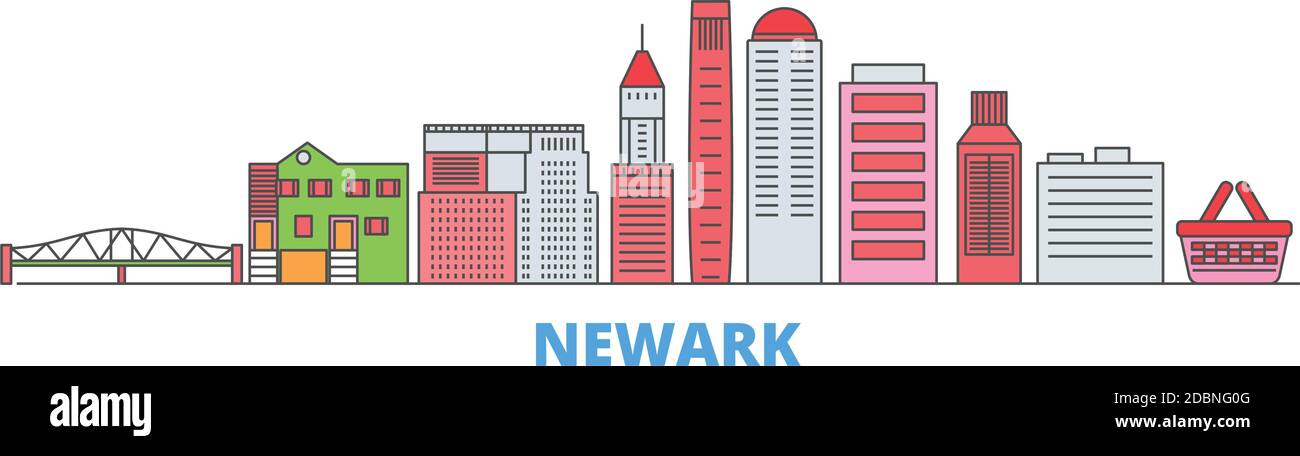 Stati Uniti, Newark linea paesaggio urbano, vettore piatto. Punto di riferimento della città di viaggio, illustrazione dell'oltino, icone del mondo di linea Illustrazione Vettoriale