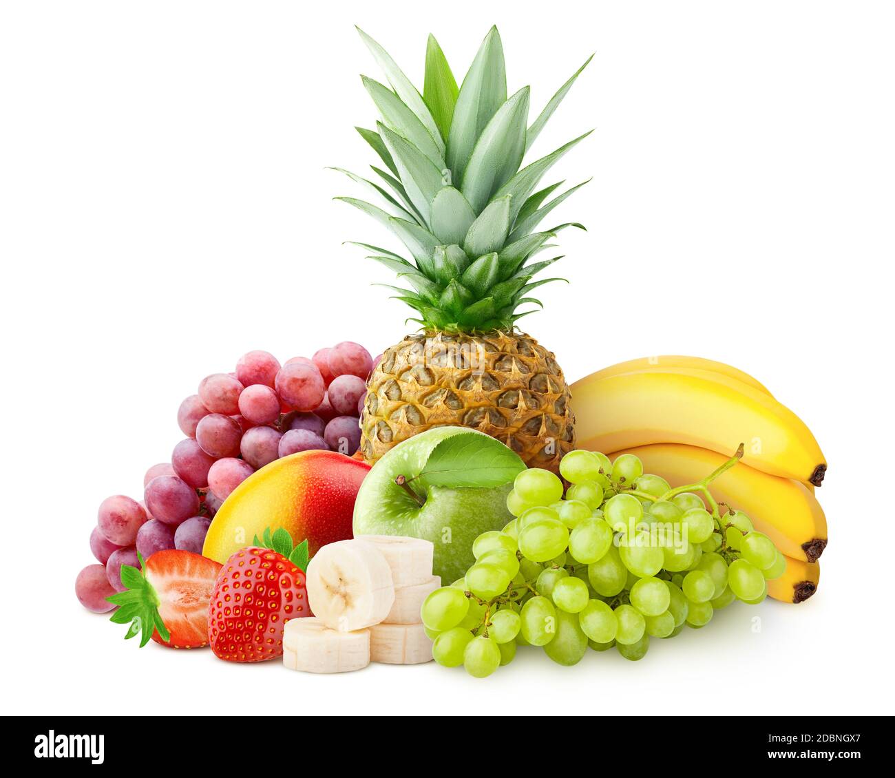 frutti tropicali, ananas, uva, mela, banana, mango, fragola, Foto Stock