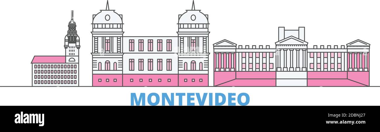 Uruguay , Montevideo line paesaggio urbano, vettore piatto. Punto di riferimento della città di viaggio, illustrazione dell'oltino, icone del mondo di linea Illustrazione Vettoriale