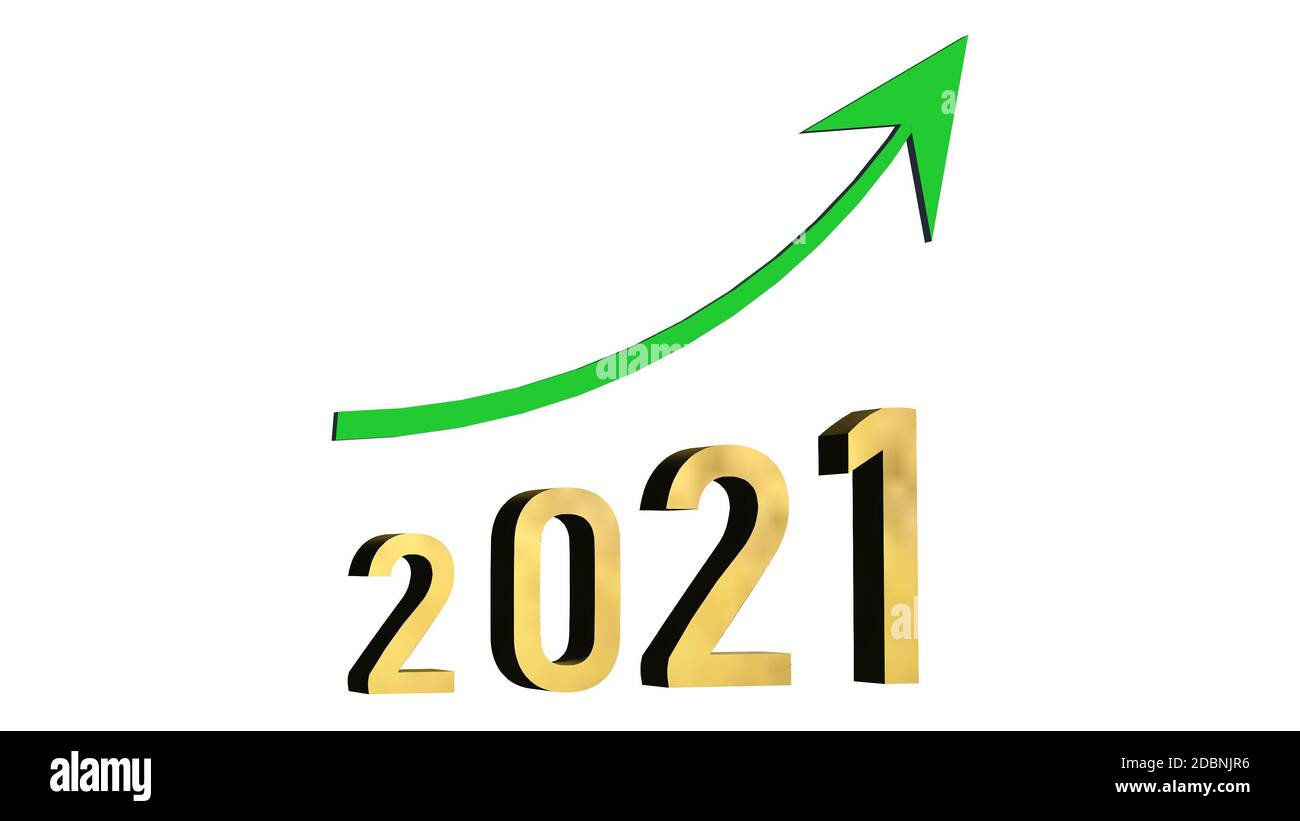 Anno 2021 in cifre dorate sotto una freccia verde ascendente - isolato su sfondo bianco Foto Stock