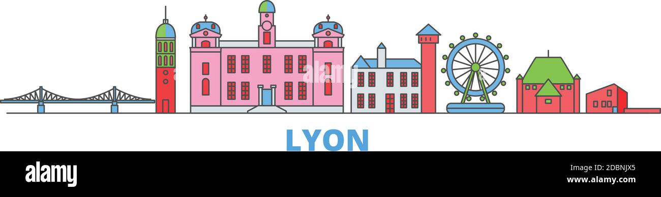 Francia, Lione linea paesaggio urbano, vettore piatto. Punto di riferimento della città di viaggio, illustrazione dell'oltino, icone del mondo di linea Illustrazione Vettoriale