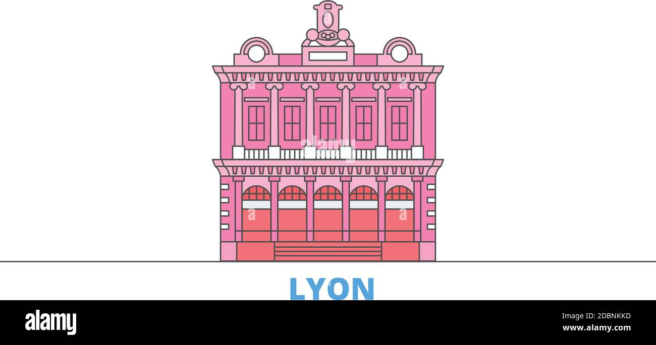 Francia, Lione Landmark line paesaggio urbano, vettore piatto. Punto di riferimento della città di viaggio, illustrazione dell'oltino, icone del mondo di linea Illustrazione Vettoriale