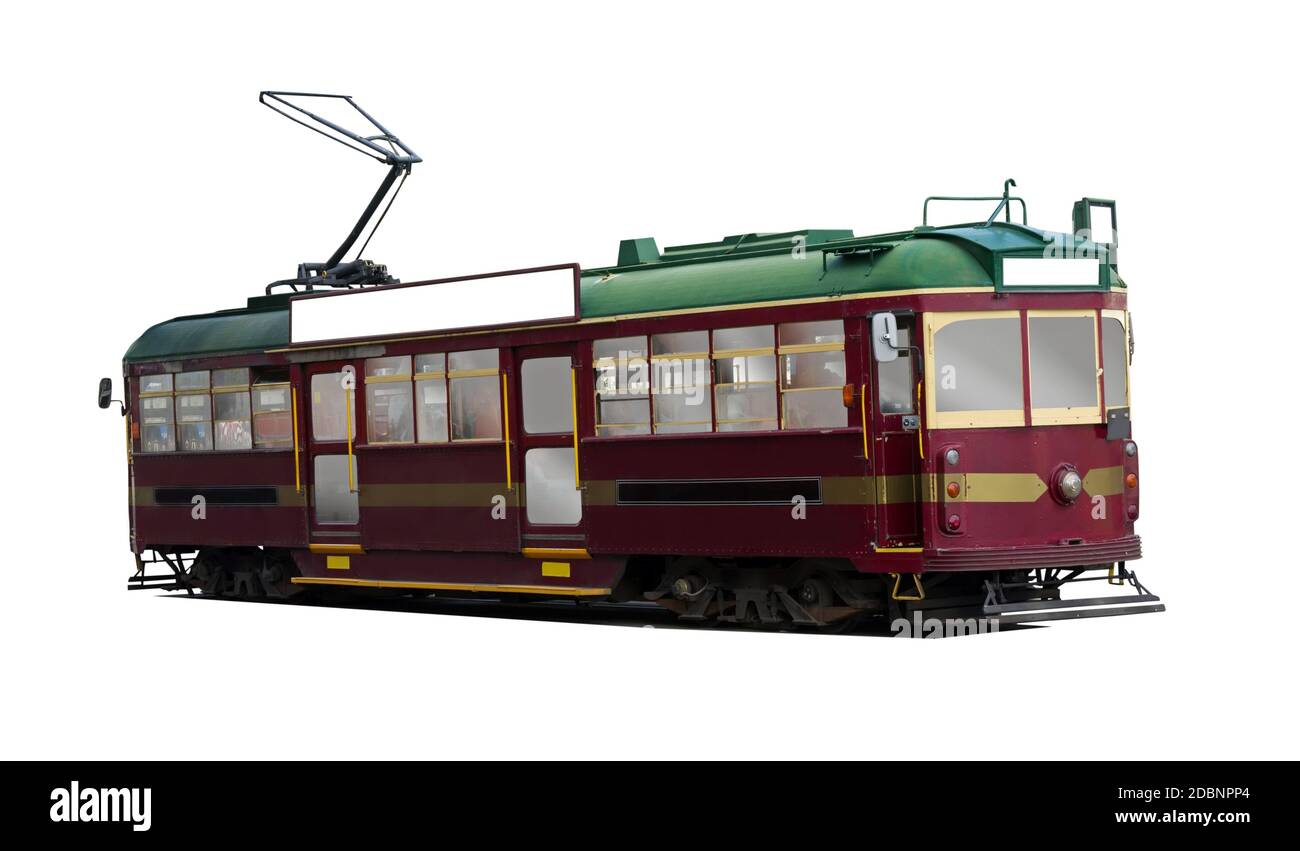 vintage tram isolato su una superficie bianca Foto Stock