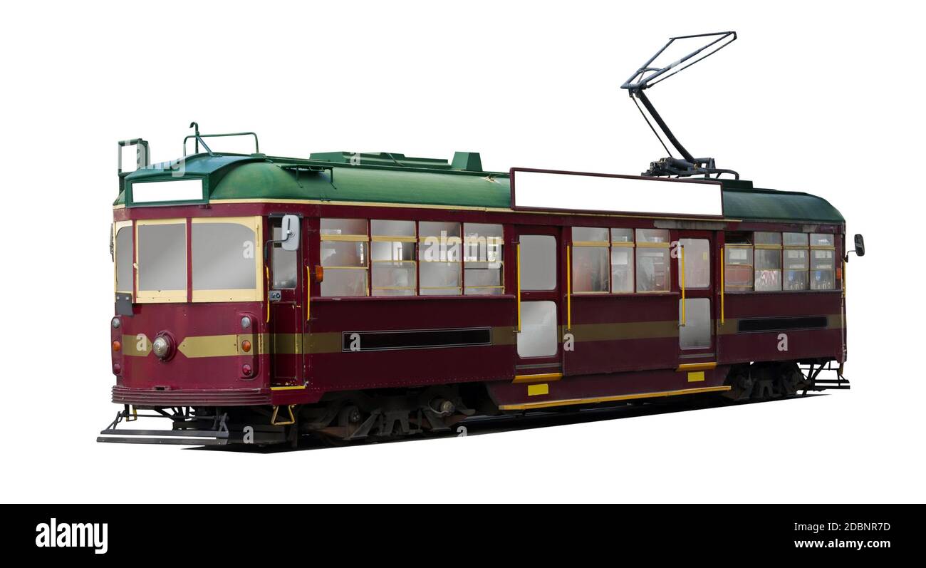 vintage tram isolato su una superficie bianca Foto Stock