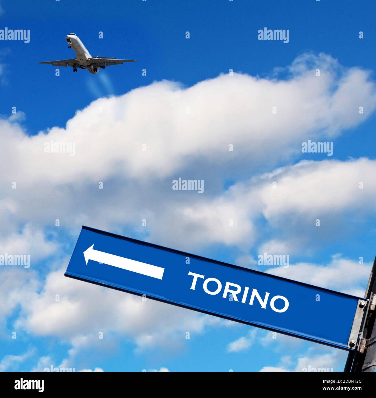 Cartello di viaggio su SKY, viaggio a Torino Foto Stock