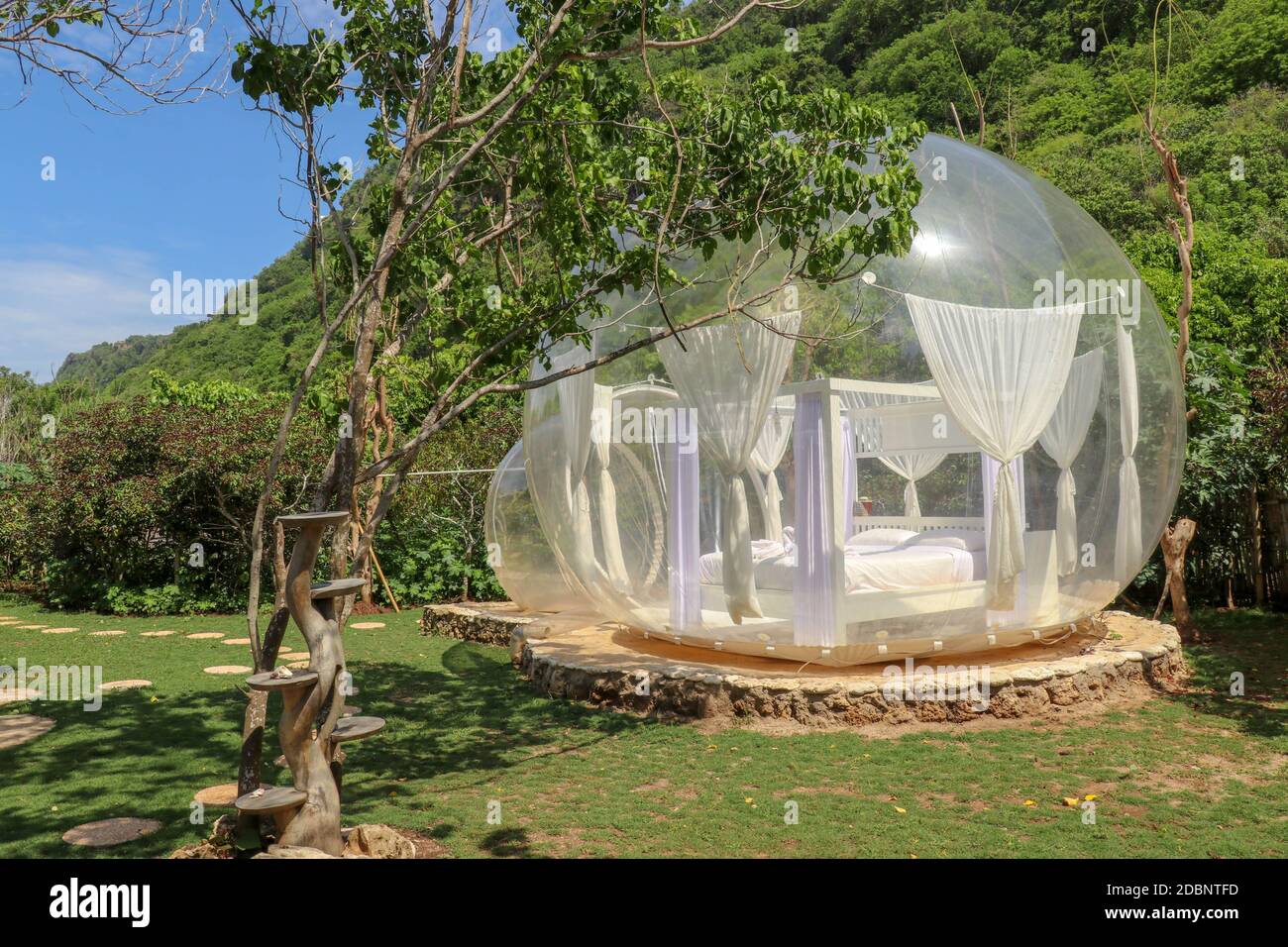 Casa a bolle con pareti trasparenti. Letto matrimoniale in legno bianco con zanzariera all'interno della bolla. Luna di miele in tenda gonfiabile per i turisti. Bubble Hotel Foto Stock