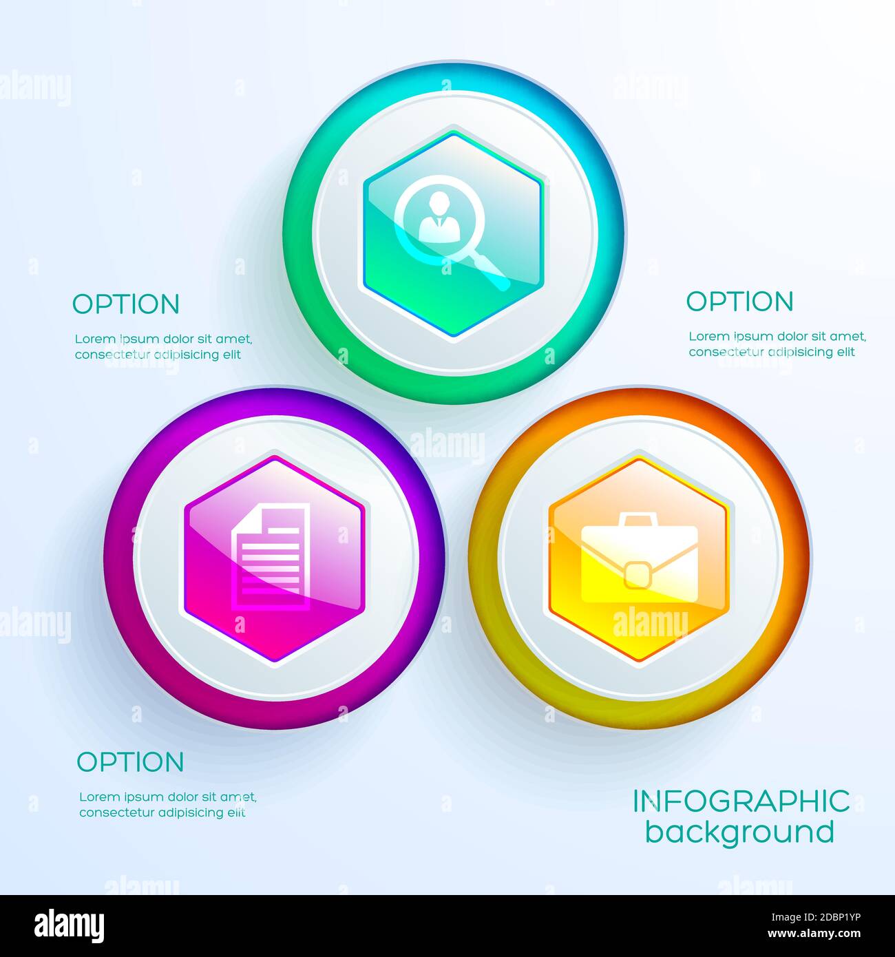 Modello grafico web infografica aziendale con tre colorati esagonali lucidi pulsanti e icone illustrazione vettoriale isolata Illustrazione Vettoriale