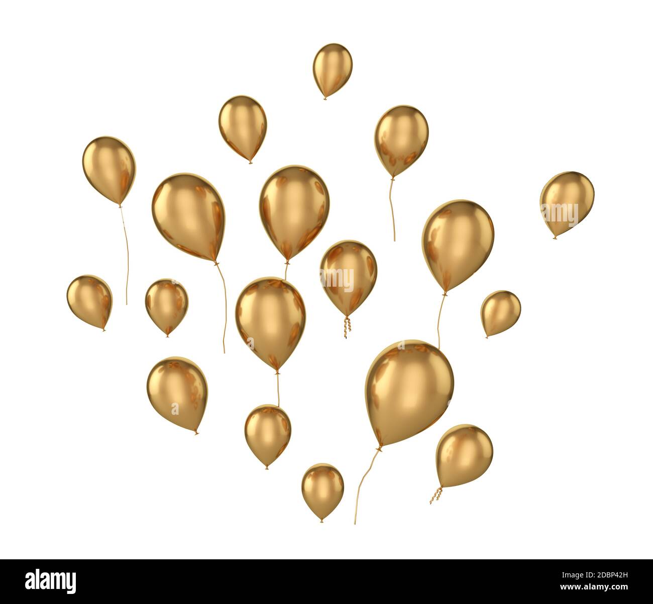 molti palloncini luminosi in oro isolati su rendering 3d bianco Foto Stock