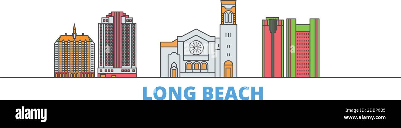 Stati Uniti, Long Beach linea paesaggio urbano, vettore piatto. Punto di riferimento della città di viaggio, illustrazione dell'oltino, icone del mondo di linea Illustrazione Vettoriale