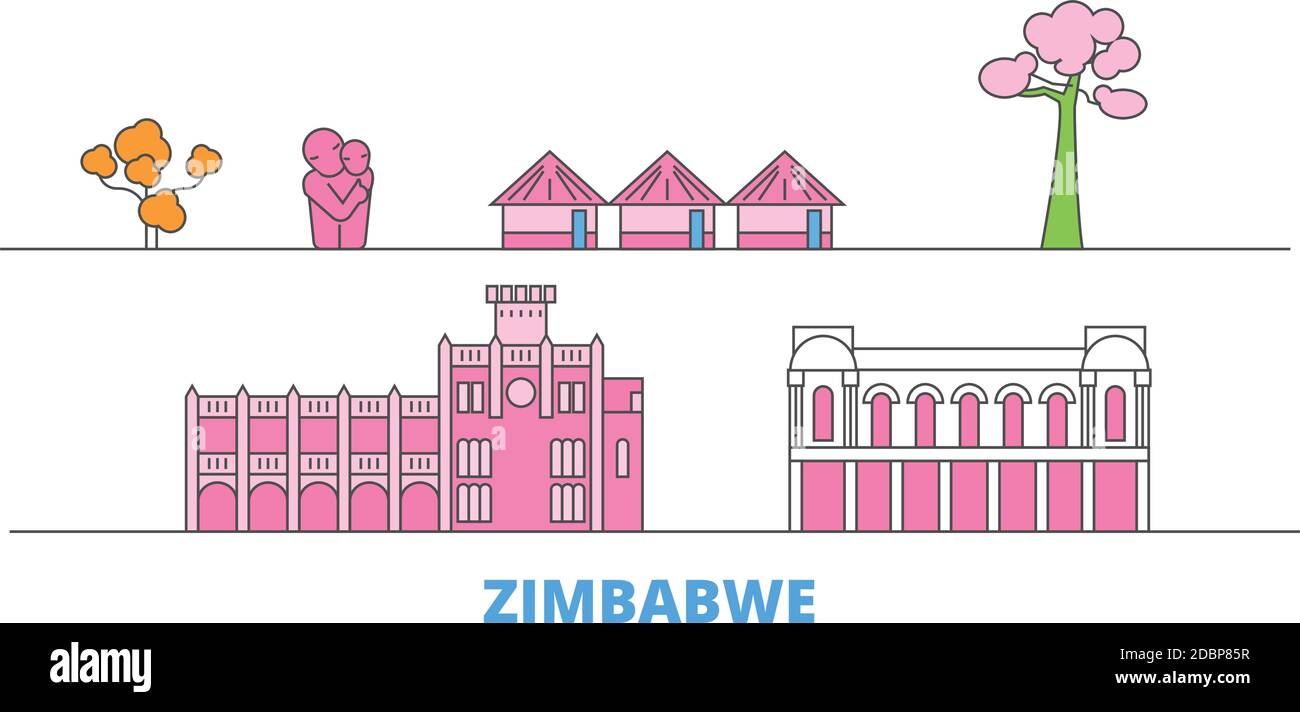 Zimbabwe linea paesaggio urbano, vettore piatto. Punto di riferimento della città di viaggio, illustrazione dell'oltino, icone del mondo di linea Illustrazione Vettoriale