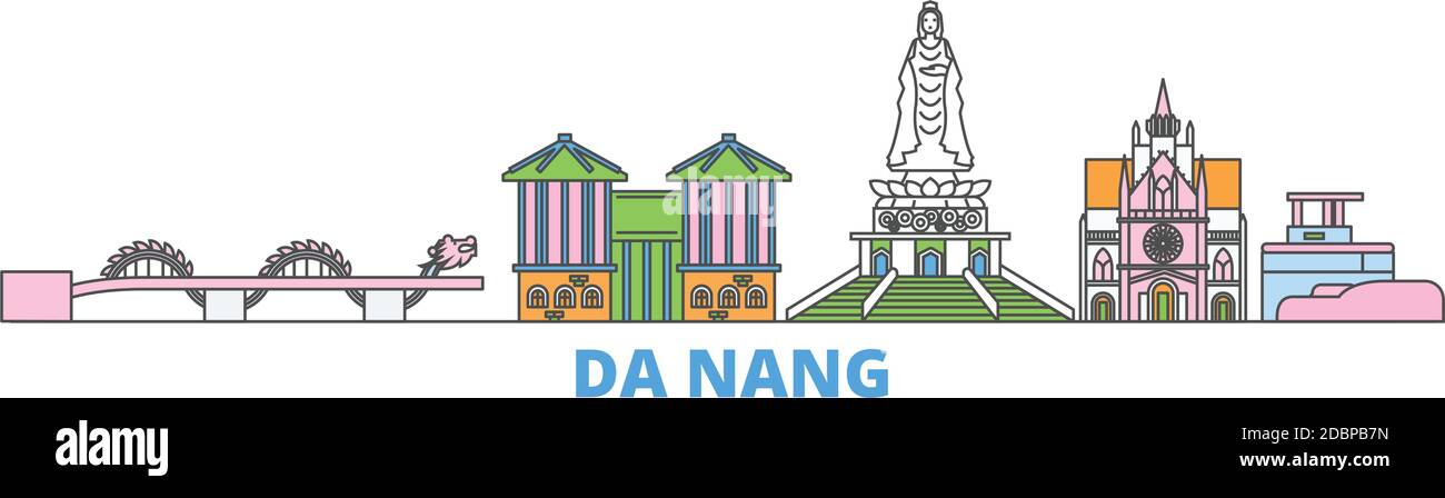 Vietnam, da Nang linea paesaggio urbano, vettore piatto. Punto di riferimento della città di viaggio, illustrazione dell'oltino, icone del mondo di linea Illustrazione Vettoriale