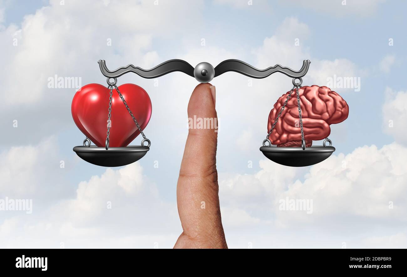 Cuore e cervello come simbolo psicologico che rappresenta l'equilibrio tra la mente logica razionale e i sentimenti emotivi irrazionali. Foto Stock