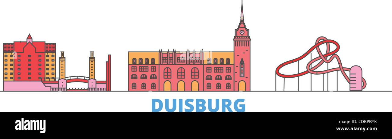 Germania, Duisburg linea paesaggio urbano, vettore piano. Punto di riferimento della città di viaggio, illustrazione dell'oltino, icone del mondo di linea Illustrazione Vettoriale