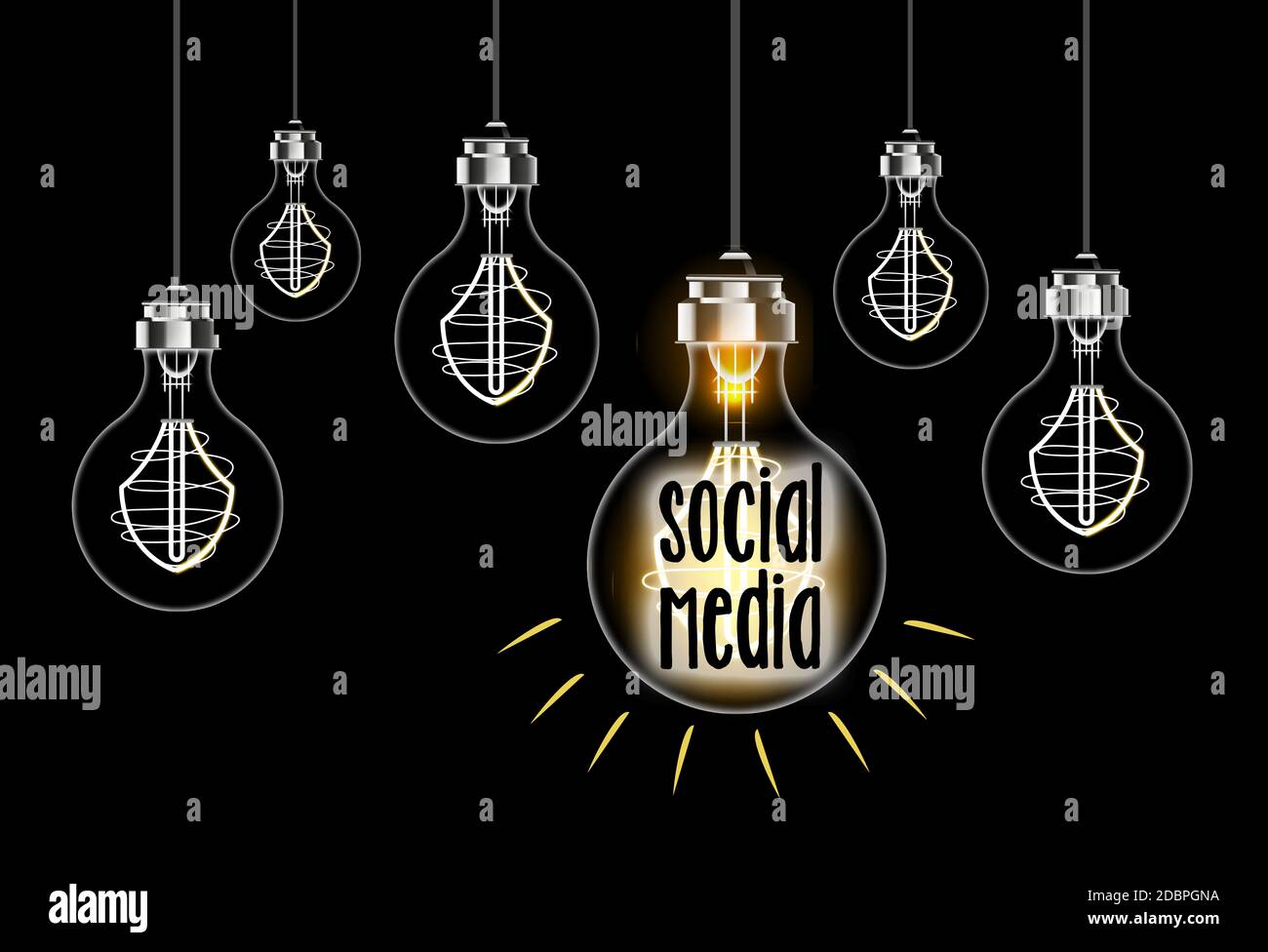 Concetto di lampadina dei social media su sfondo nero Foto Stock