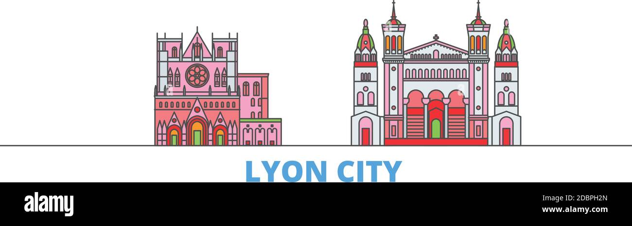 Francia, Lione città linea paesaggio urbano, vettore piatto. Punto di riferimento della città di viaggio, illustrazione dell'oltino, icone del mondo di linea Illustrazione Vettoriale