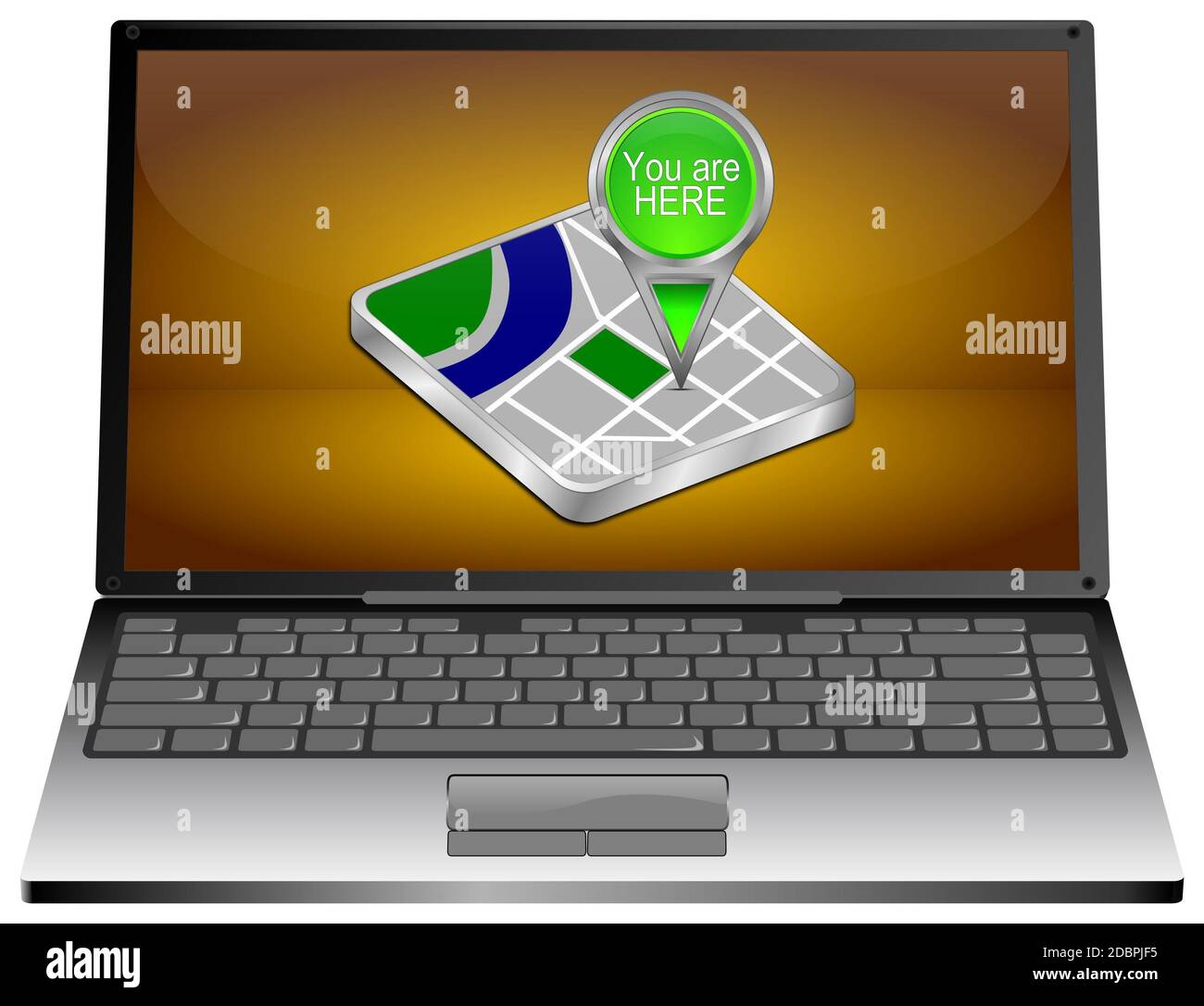 Computer portatile con il verde si è qui puntatore mappa su - illustrazione 3D Foto Stock