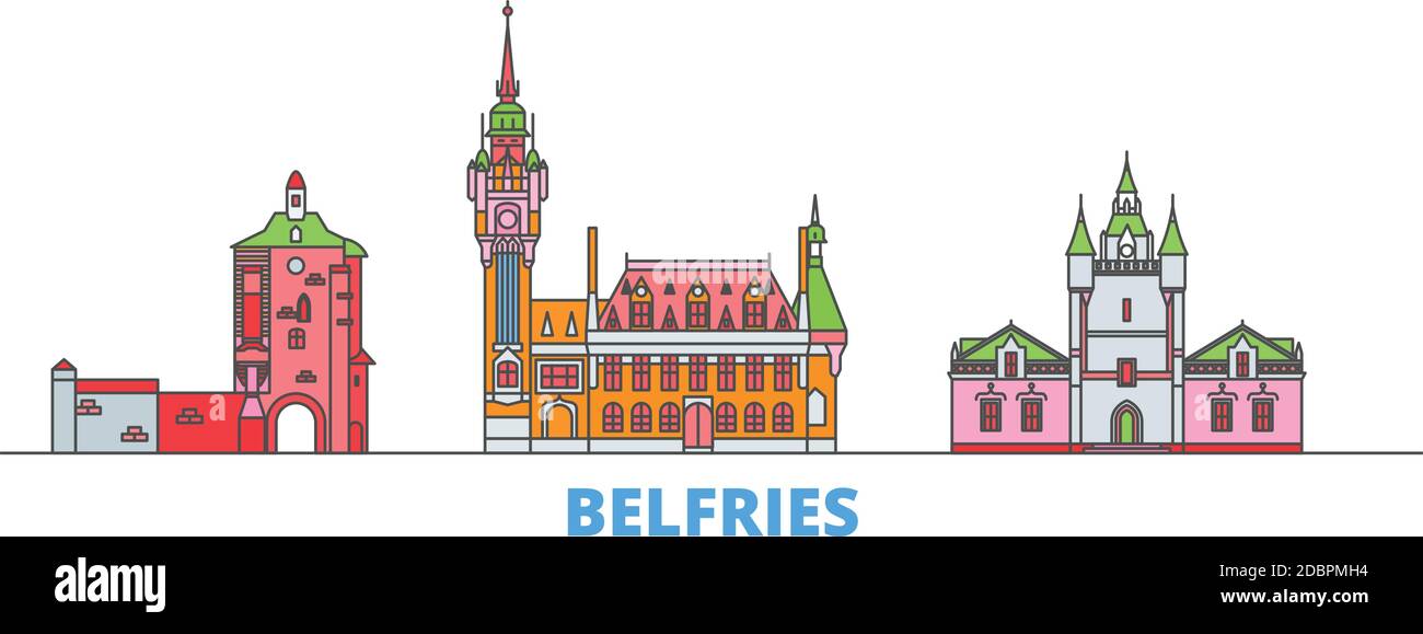 Francia, Belfries linea paesaggio urbano, vettore piatto. Punto di riferimento della città di viaggio, illustrazione dell'oltino, icone del mondo di linea Illustrazione Vettoriale