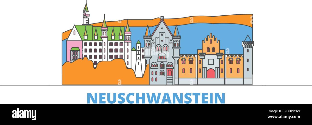 Germania, Neuschwanstein linea paesaggio urbano, vettore piatto. Punto di riferimento della città di viaggio, illustrazione dell'oltino, icone del mondo di linea Illustrazione Vettoriale