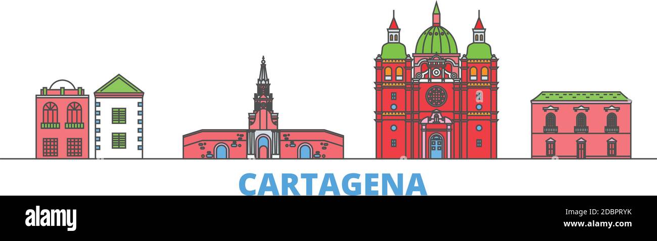 Colombia, linea Cartagena paesaggio urbano, vettore piano. Punto di riferimento della città di viaggio, illustrazione dell'oltino, icone del mondo di linea Illustrazione Vettoriale