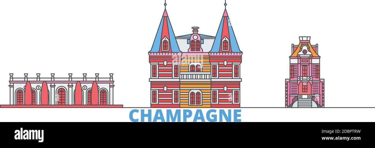 Francia, Champagne linea paesaggio urbano, vettore piatto. Punto di riferimento della città di viaggio, illustrazione dell'oltino, icone del mondo di linea Illustrazione Vettoriale