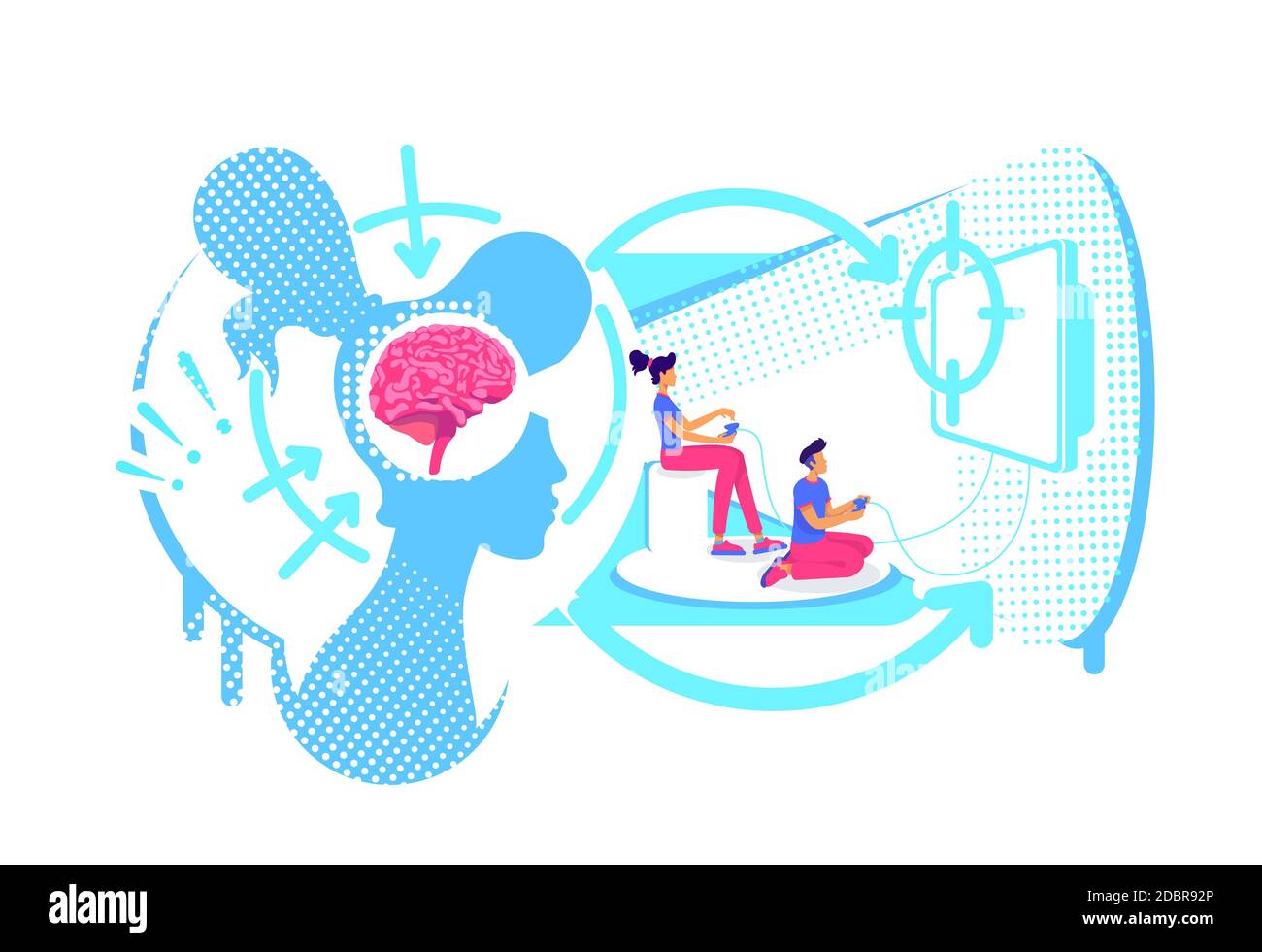 Percezione visiva dell'illustrazione vettoriale del concetto piatto dell'informazione. Maschio e femmina che giocano a videogiochi. Cartoni animati 2D per il web design. Dati pro Foto Stock