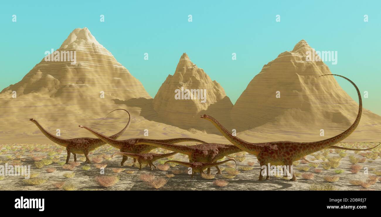 Una mandria di Diplodocus dinosauri attraversare un deserto sulla loro migrazione annuale per una regione più calda. Foto Stock