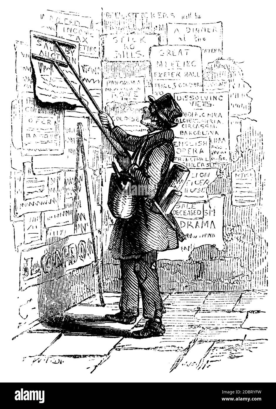 Victorian Man Putting Up a poster Foto Stock