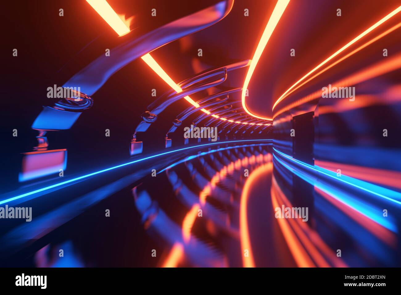 Illustrazione 3D di un corridoio interno di fantascienza di una navicella spaziale o di una stazione spaziale. Foto Stock
