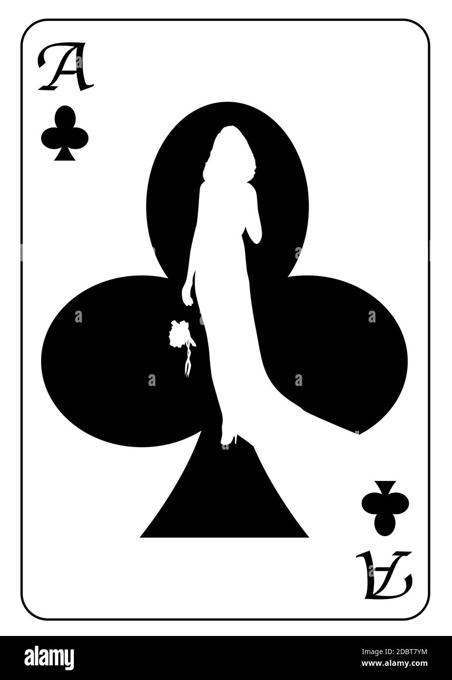L'asso dei club con la silhouette di sposa alla ricerca del suo compagno di anima ambientato nel motivo della carta, tutti isolati su uno sfondo bianco Foto Stock
