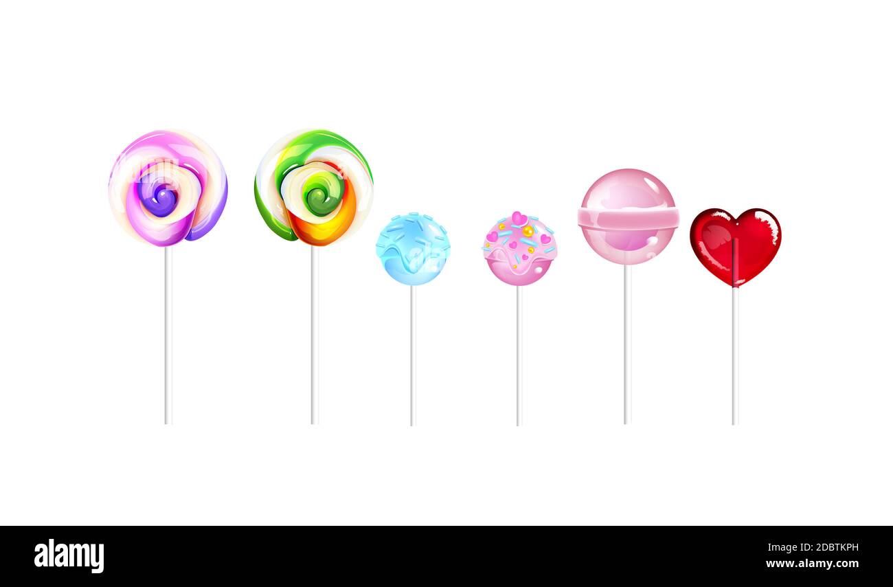 Lollipops, caramelle di zucchero insieme realistico di illustrazioni vettoriali. Roba dolce, caramello. Dessert gustosi, confezione di zucchero. Lecci, deliziosi appiccicosi 3d Foto Stock