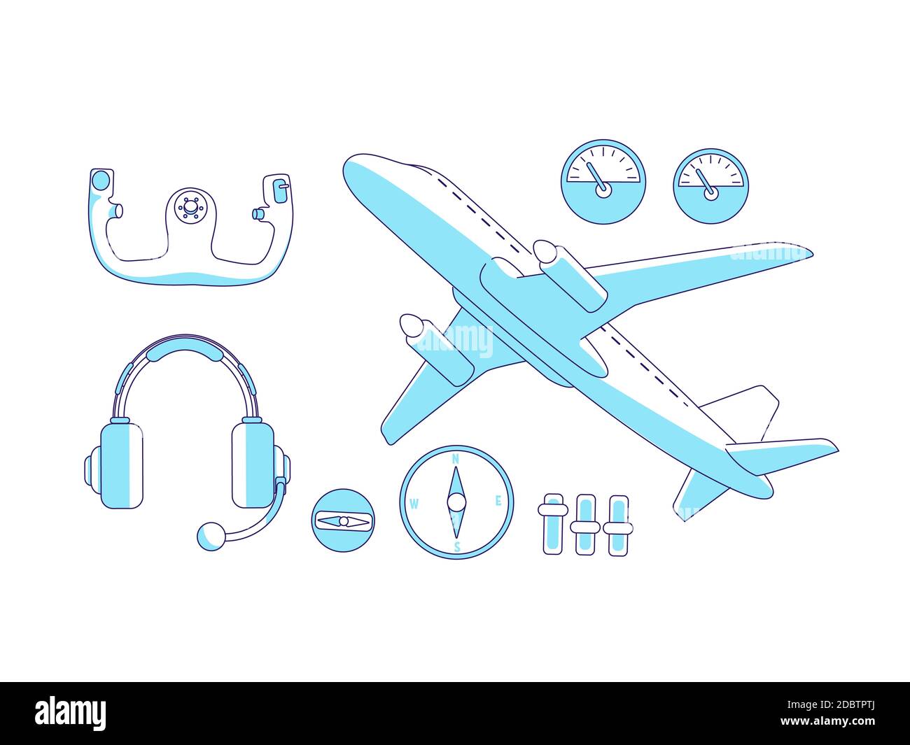 Articoli per l'aviazione set di oggetti lineari turchesi. Aereo, volante e cruscotto, pacchetto di simboli a linea sottile per gli strumenti di aviatore. Attrezzatura pilota isolata ou Foto Stock