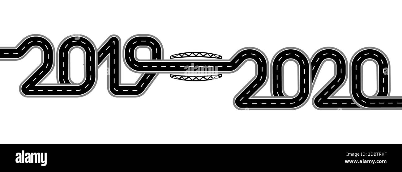 2019-2020. Simboleggia la transizione al nuovo anno. La strada con le indicazioni è stilizzata come un'iscrizione. Illustrazione del vettore isolato Foto Stock